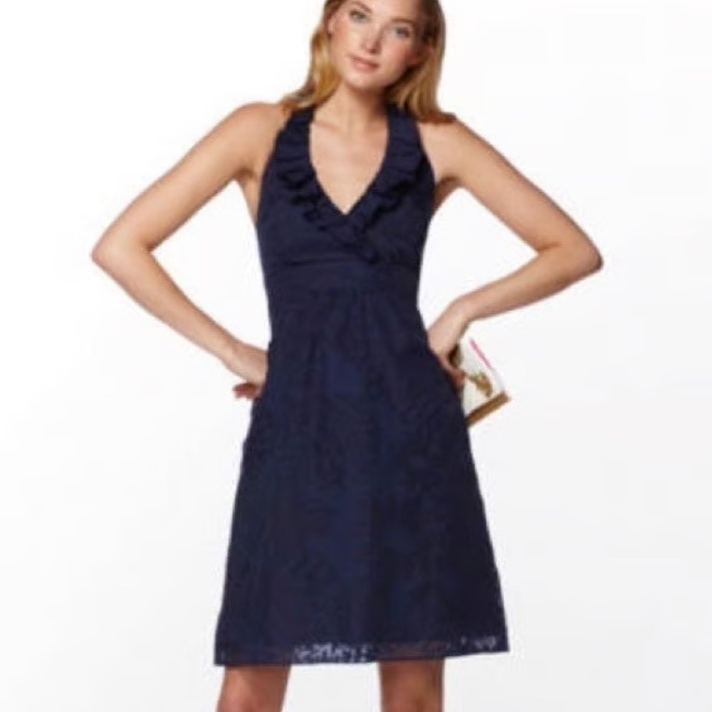 Lilly Pulitzer Womens Navy Blue Ruffle Halter Dress- Size 2